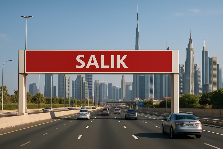 Dubai toll road with Salik gate and city skyline